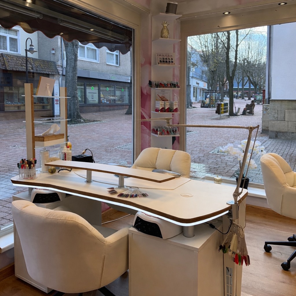 Helle Nailart-Station im ABINI Studio mit Blick auf die Fu&szlig;g&auml;ngerzone in Bad Harzburg